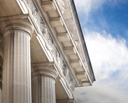 Exterior of courthouse with architectural columns