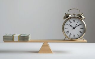 Generate-a-stock-image-of-a-scale-with-u.s.-currency-on-one-side-and-a-clock-on-the-other-side-of-the-scale-aspect-ratio-320-200